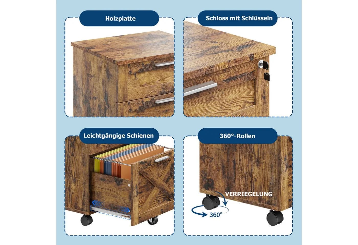 GarveeMore Aktenschrank Rollcontainer 3 Schubladen Braun Massivholz - Bild 4