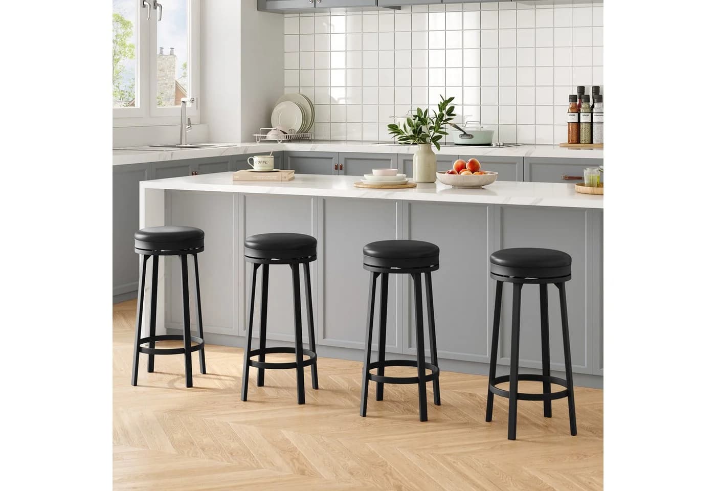 GarveeMore Barhocker 4er Set Schwarz PU-Leder 360° Drehbar