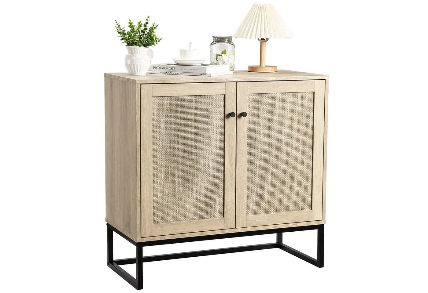 GarveeMore Sideboard 2 Türen Eichenoptik Wiener Geflecht Schwarz - Bild 2