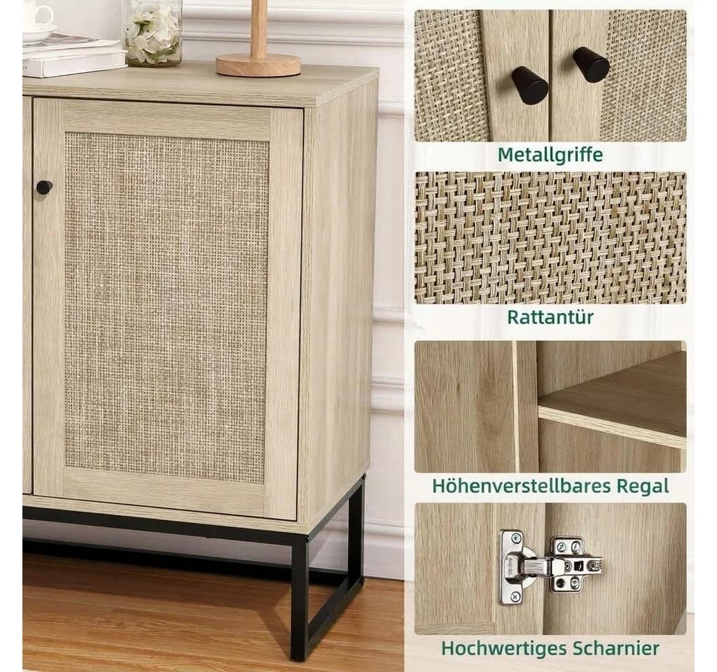 GarveeMore Sideboard 2 Türen Eichenoptik Wiener Geflecht Schwarz - Bild 4