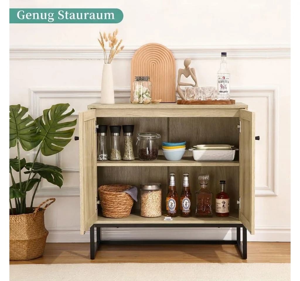 GarveeMore Sideboard 2 Türen Eichenoptik Wiener Geflecht Schwarz - Bild 5