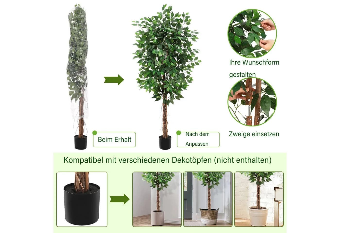 GarveeMore Künstlicher Ficus-Baum 122 cm Grün mit Zementtopf - Bild 4
