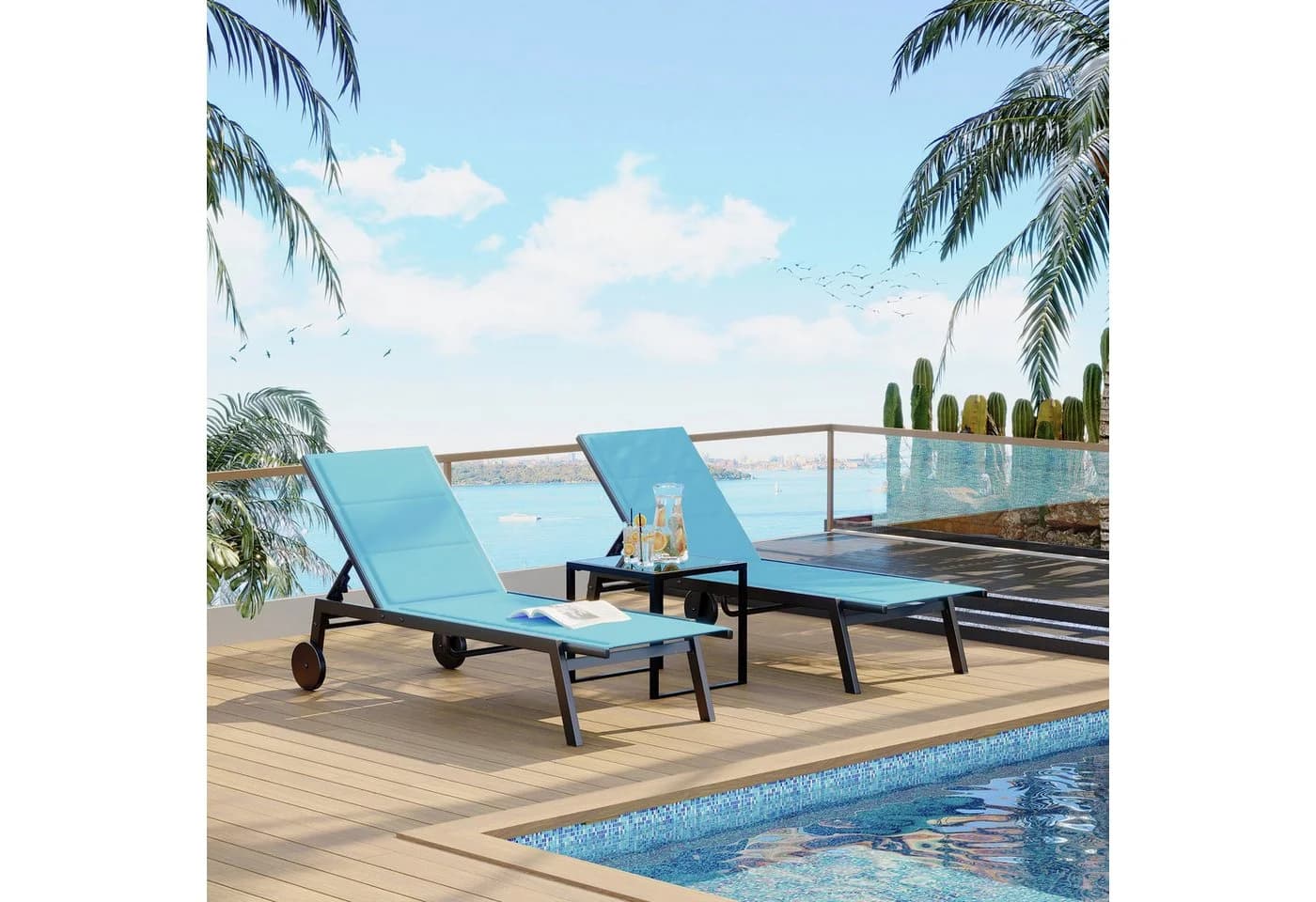 GarveeMore Gartenliege 3er Set mit Beistelltisch blau