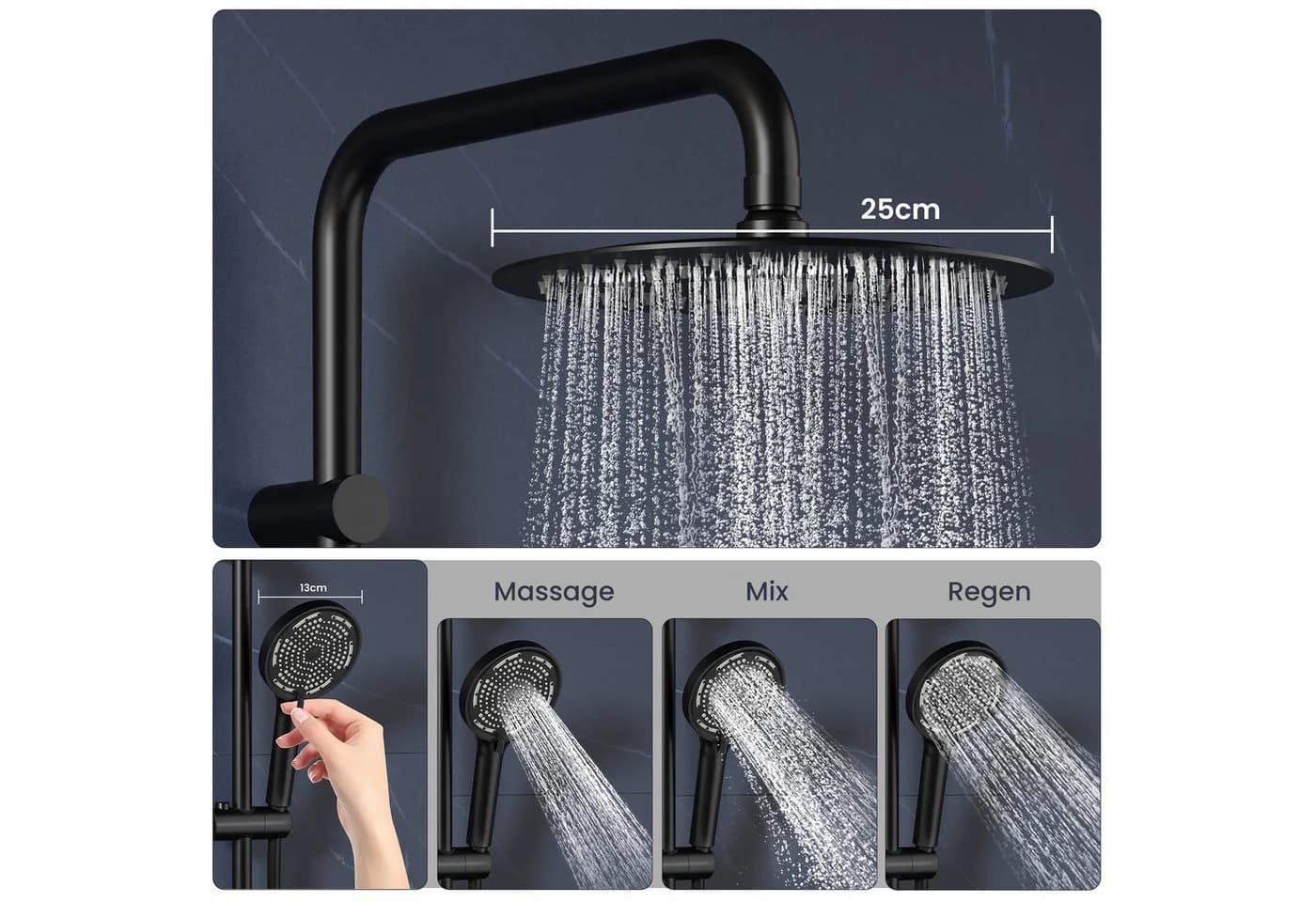 GarveeMore Brausegarnitur Duschsystem Regendusche Schwarz - Bild 3
