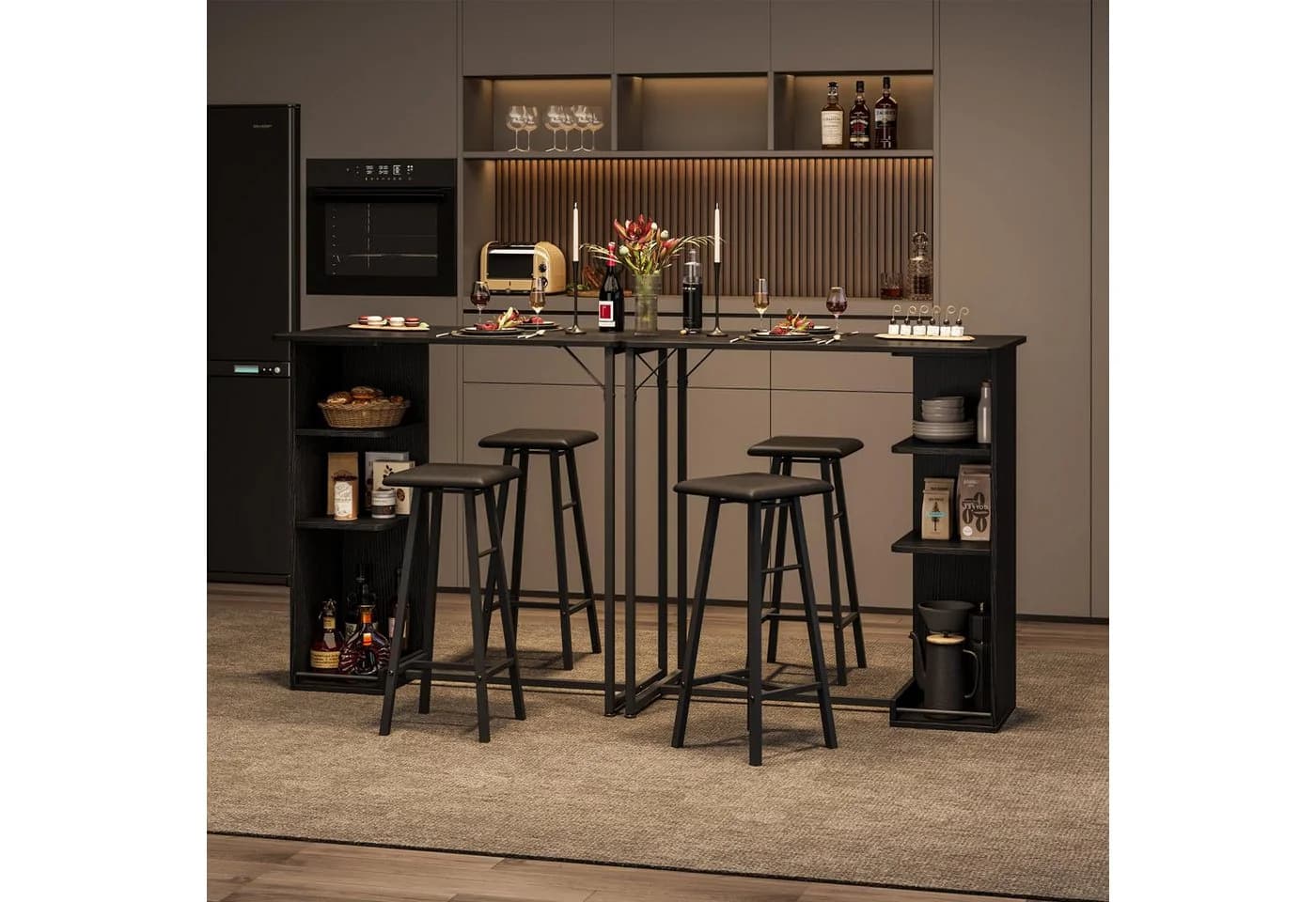 GarveeMore Essgruppe mit 2 Hockern Schwarz Holz Metall