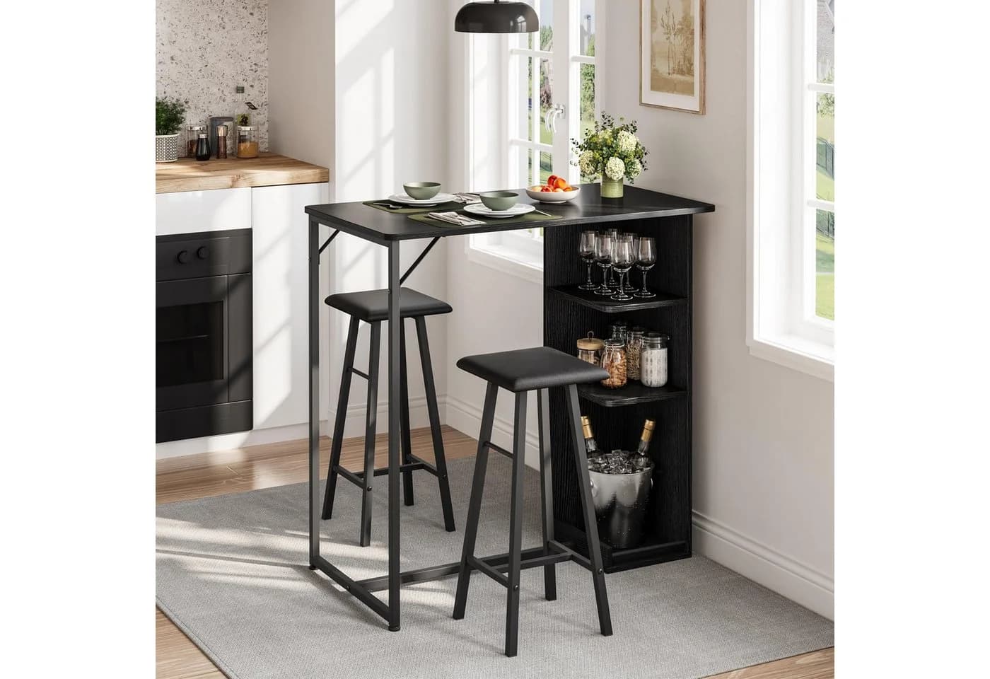GarveeMore Essgruppe mit 2 Hockern Schwarz Holz Metall - Bild 2