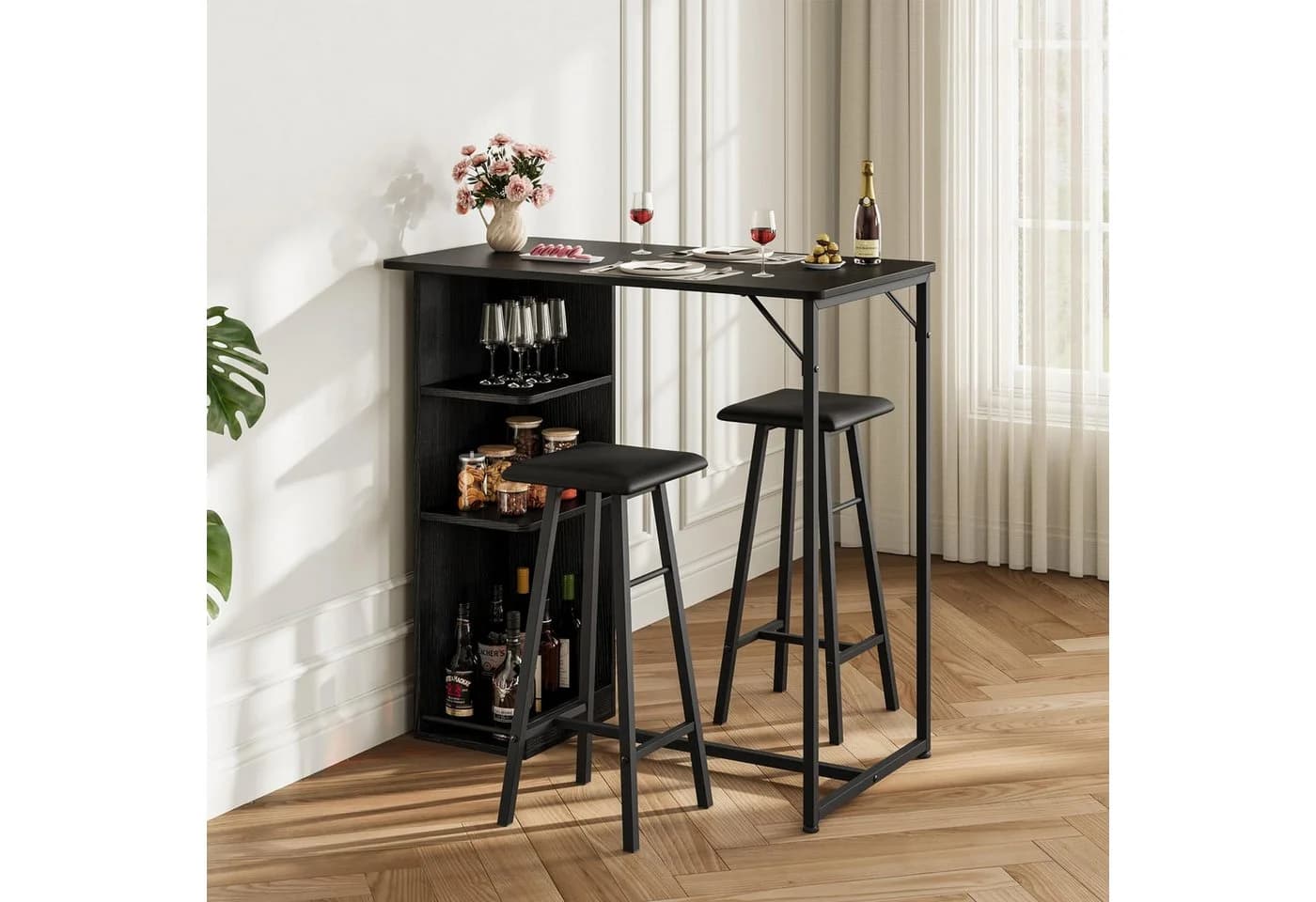 GarveeMore Essgruppe mit 2 Hockern Schwarz Holz Metall - Bild 3