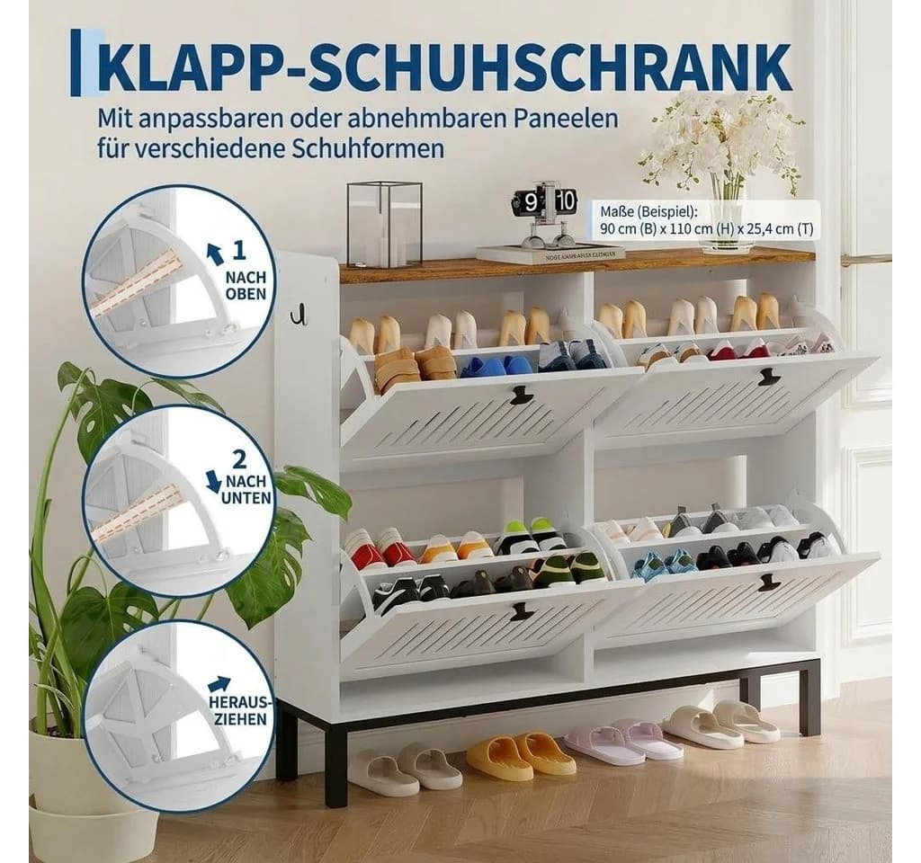 GarveeMore Schuhschrank 4 Klappen Weiß Hartholz - Bild 4