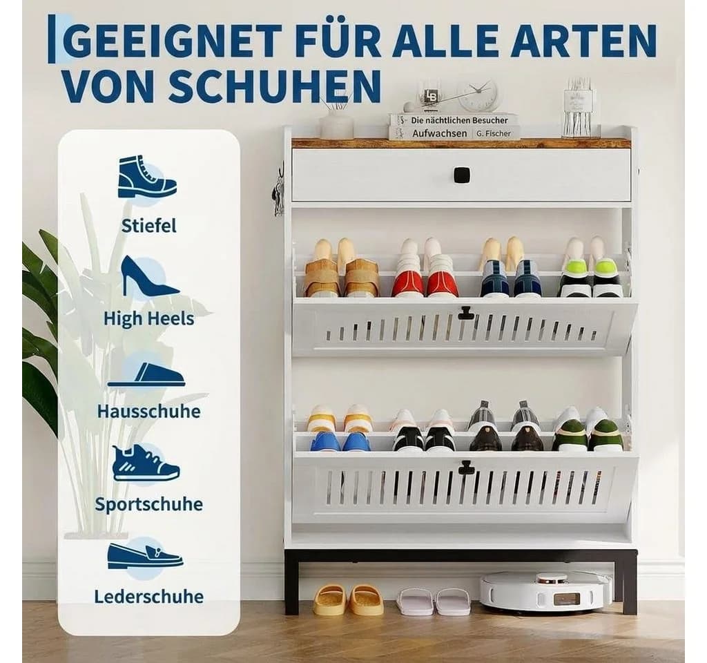 GarveeMore Schuhschrank 4 Klappen Weiß Hartholz - Bild 5