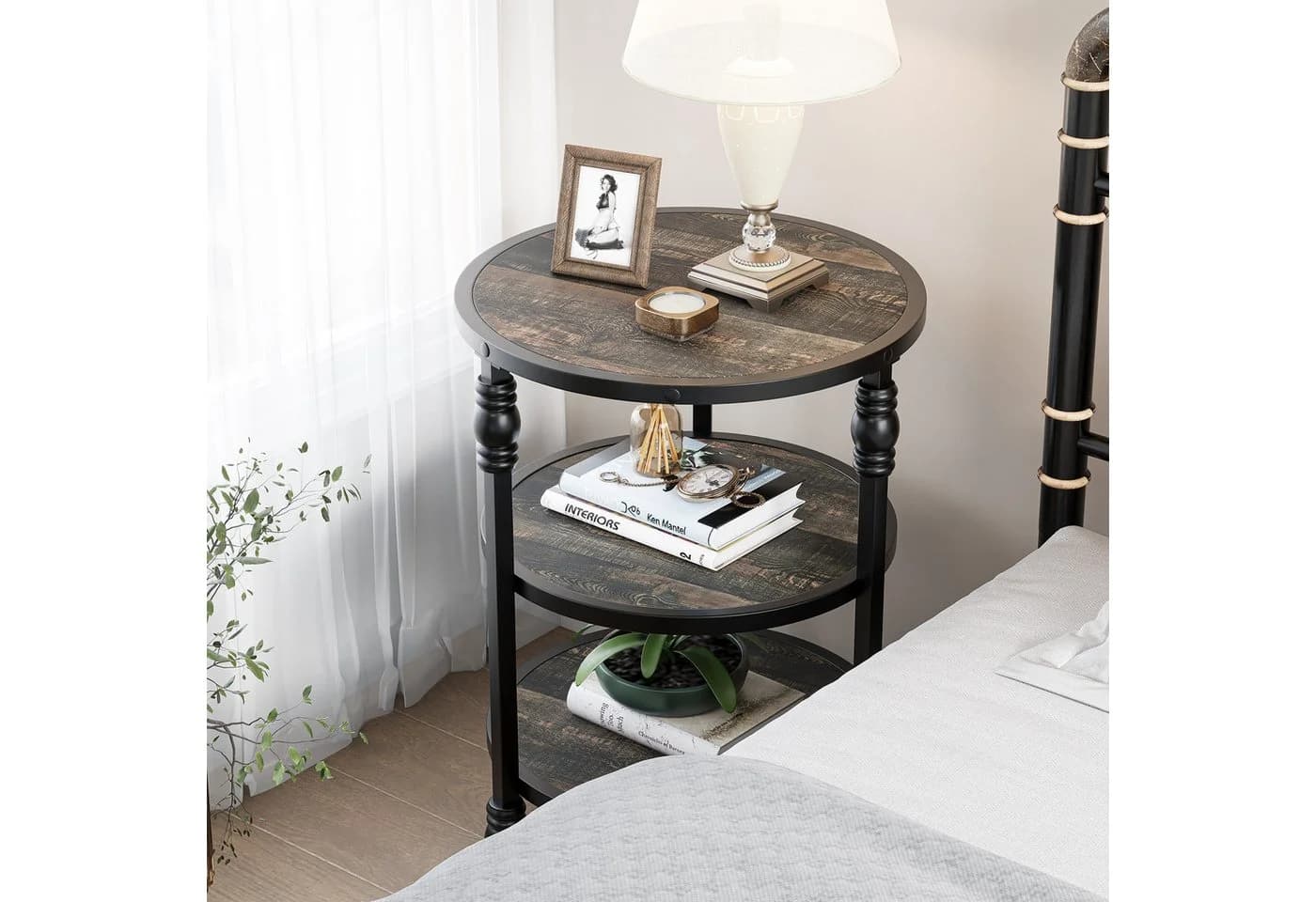 GarveeMore Beistelltisch Rund 3-stufig Vintage Holzmaserung