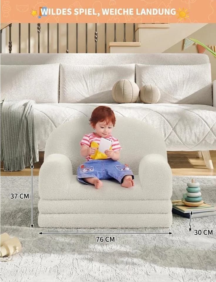 GarveeMore Kindersofa 2-in-1 Schlafsofa Klappsofa für Kinder aus Teddystoff Weiß