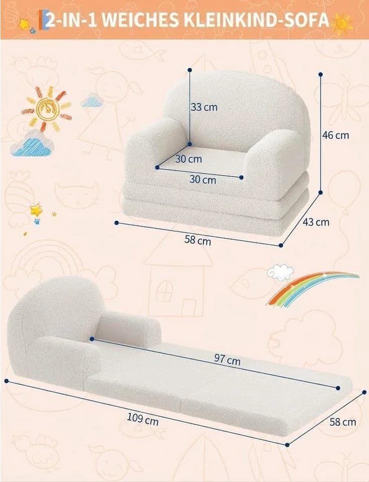 GarveeMore Kindersofa 2-in-1 Schlafsofa Klappsofa für Kinder aus Teddystoff Weiß - Bild 3