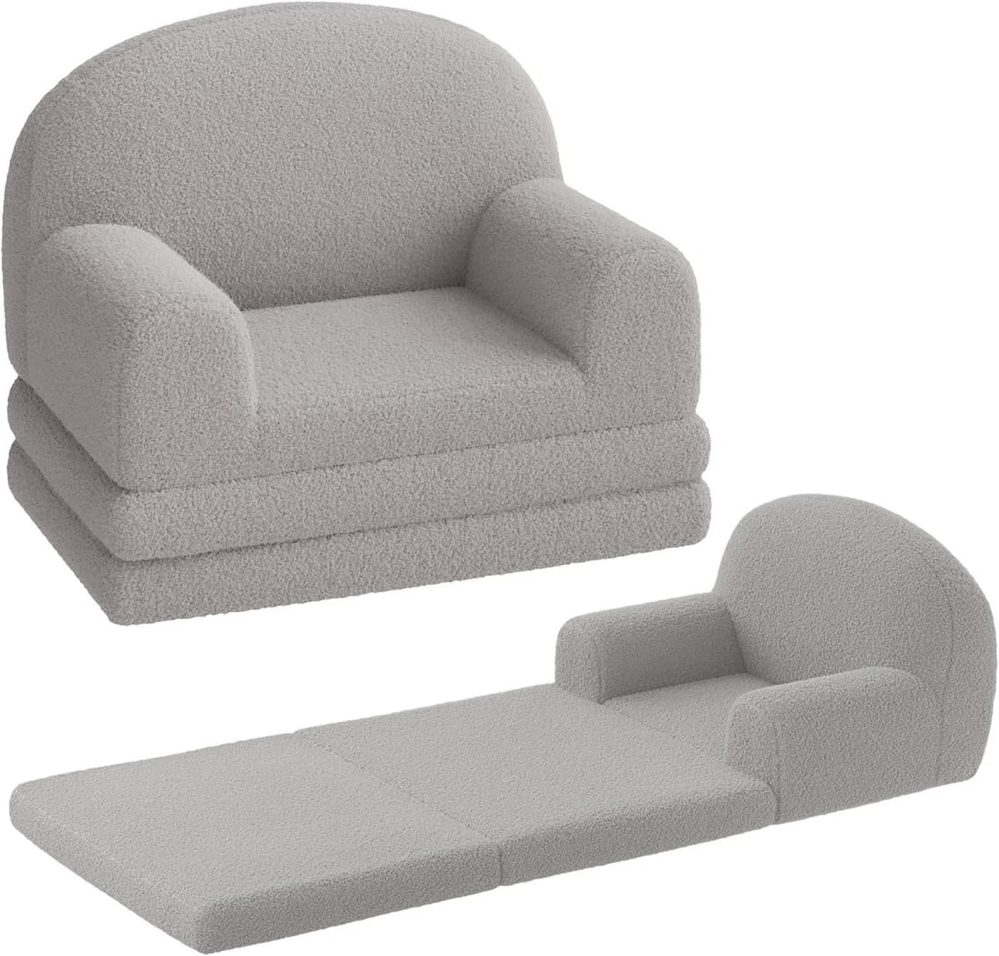 GarveeMore Kindersofa 2-in-1 Schlafsofa Grau aus Teddystoff - Bild 2