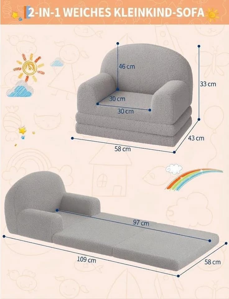 GarveeMore Kindersofa 2-in-1 Schlafsofa Grau aus Teddystoff - Bild 3