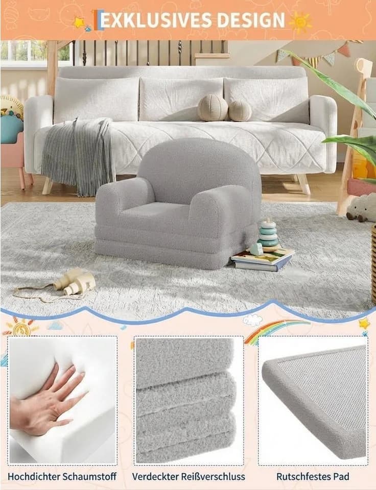 GarveeMore Kindersofa 2-in-1 Schlafsofa Grau aus Teddystoff - Bild 4