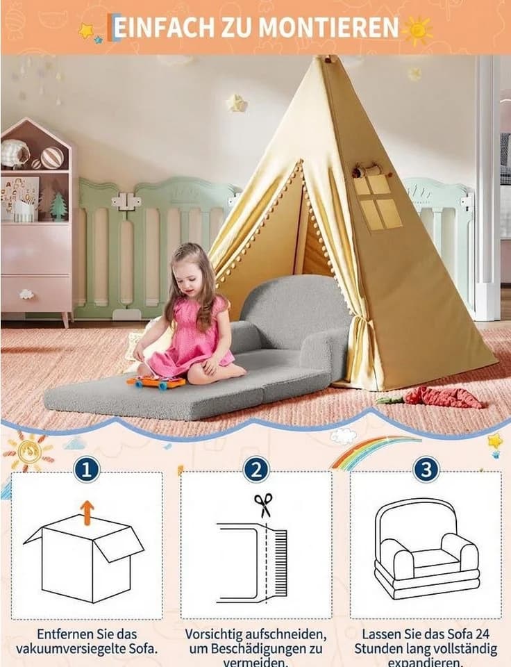 GarveeMore Kindersofa 2-in-1 Schlafsofa Grau aus Teddystoff - Bild 5