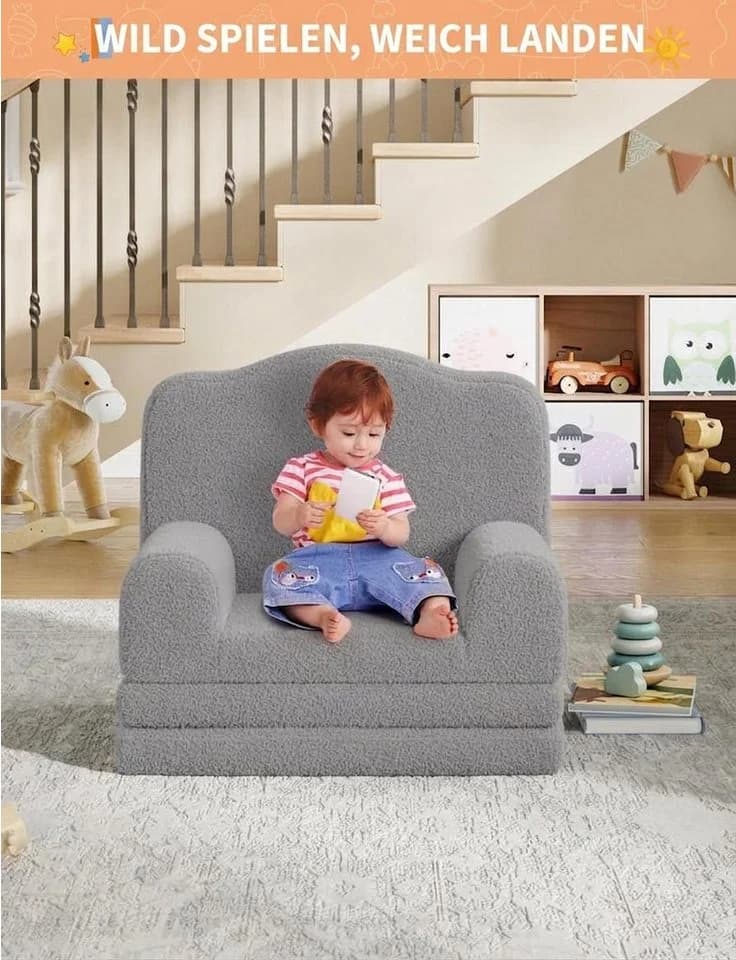 GarveeMore Kindersofa 2-in-1 Schlafsofa Klappsofa grau Teddystoff