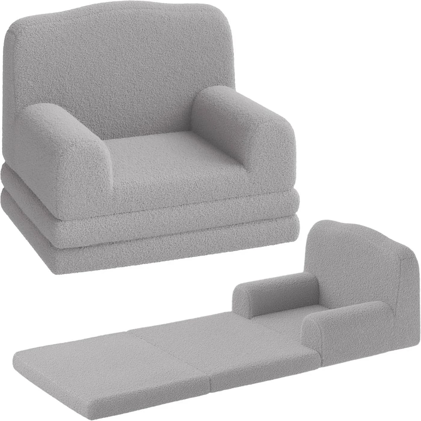 GarveeMore Kindersofa 2-in-1 Schlafsofa Klappsofa grau Teddystoff - Bild 2
