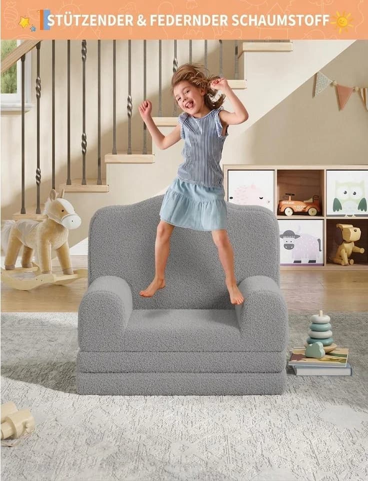 GarveeMore Kindersofa 2-in-1 Schlafsofa Klappsofa grau Teddystoff - Bild 5