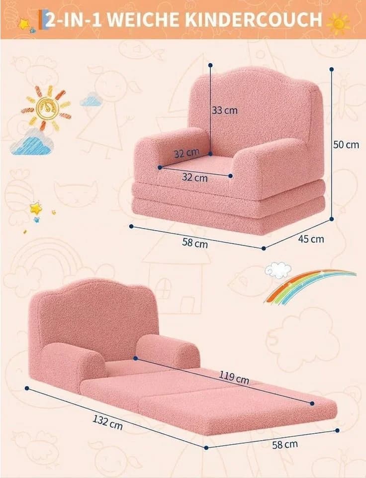 GarveeMore Kindersofa 2-in-1 Schlafsofa Rosa Teddy-Stoff - Bild 3