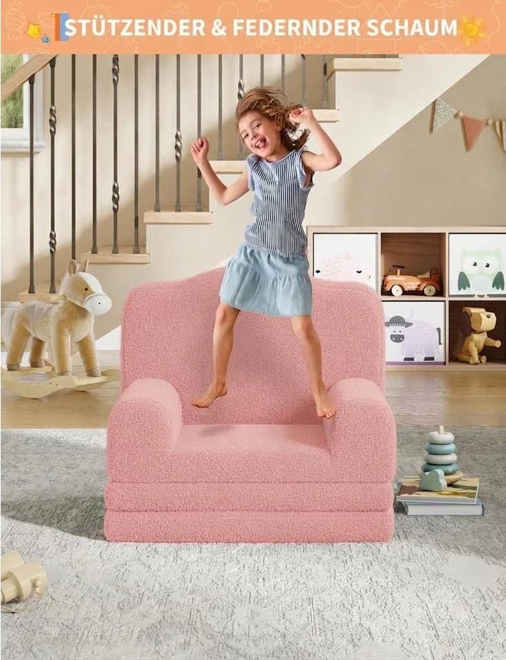 GarveeMore Kindersofa 2-in-1 Schlafsofa Rosa Teddy-Stoff - Bild 5