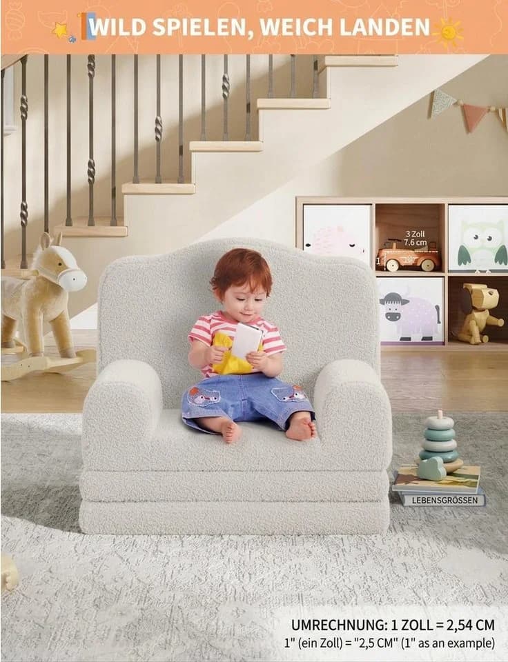 GarveeMore Kindersofa 2-in-1 Schlafsofa aus Teddystoff Weiß