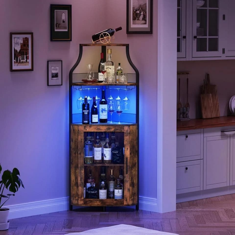 GarveeMore Weinschrank Eckschrank Barschrank mit Glashalter Braun