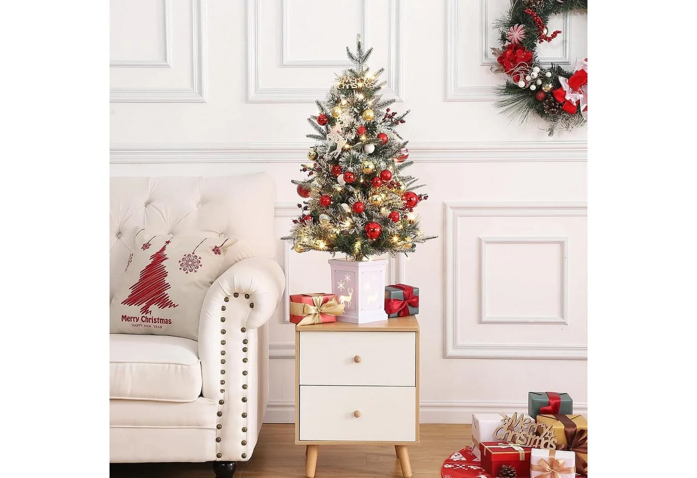 GarveeMore Künstlicher Weihnachtsbaum 90 cm mit LED-Beleuchtung & roten Beeren - Bild 3