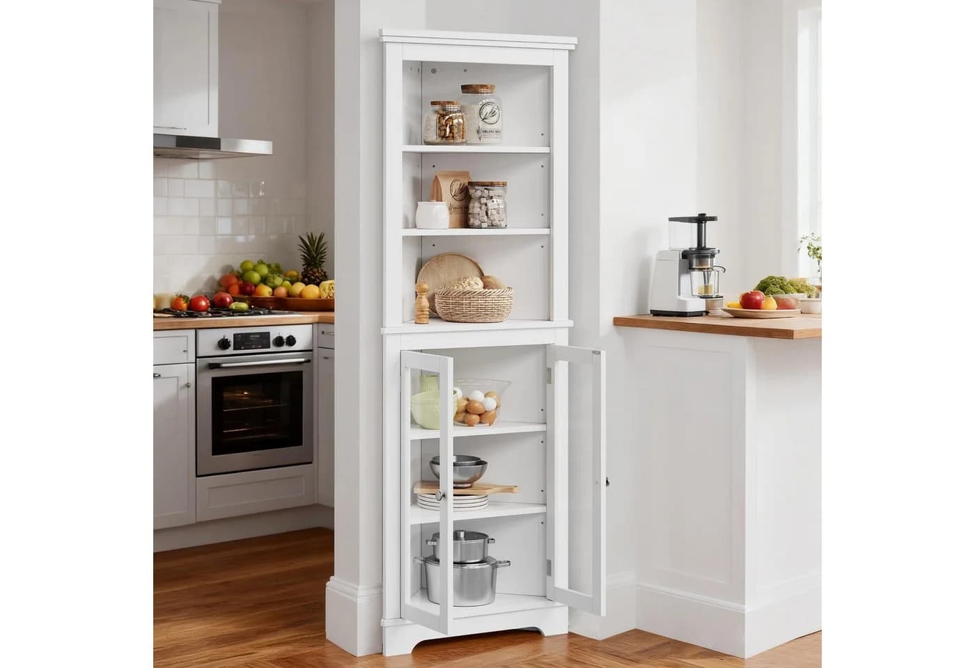 GarveeMore Eckschrank mit Türen und offenen Regalen