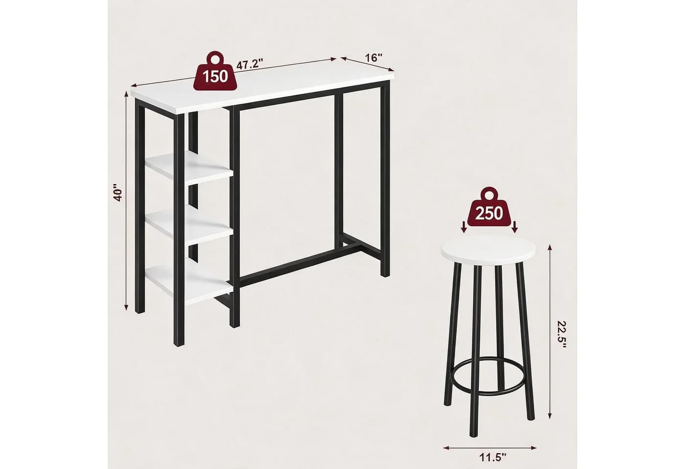 GarveeMore Esstisch Bartisch mit 2 Hockern Weiß - Bild 5