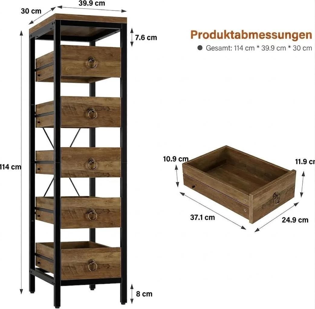 GarveeMore Küchenregal 5-stöckig mit Schubladen rot Industriestil