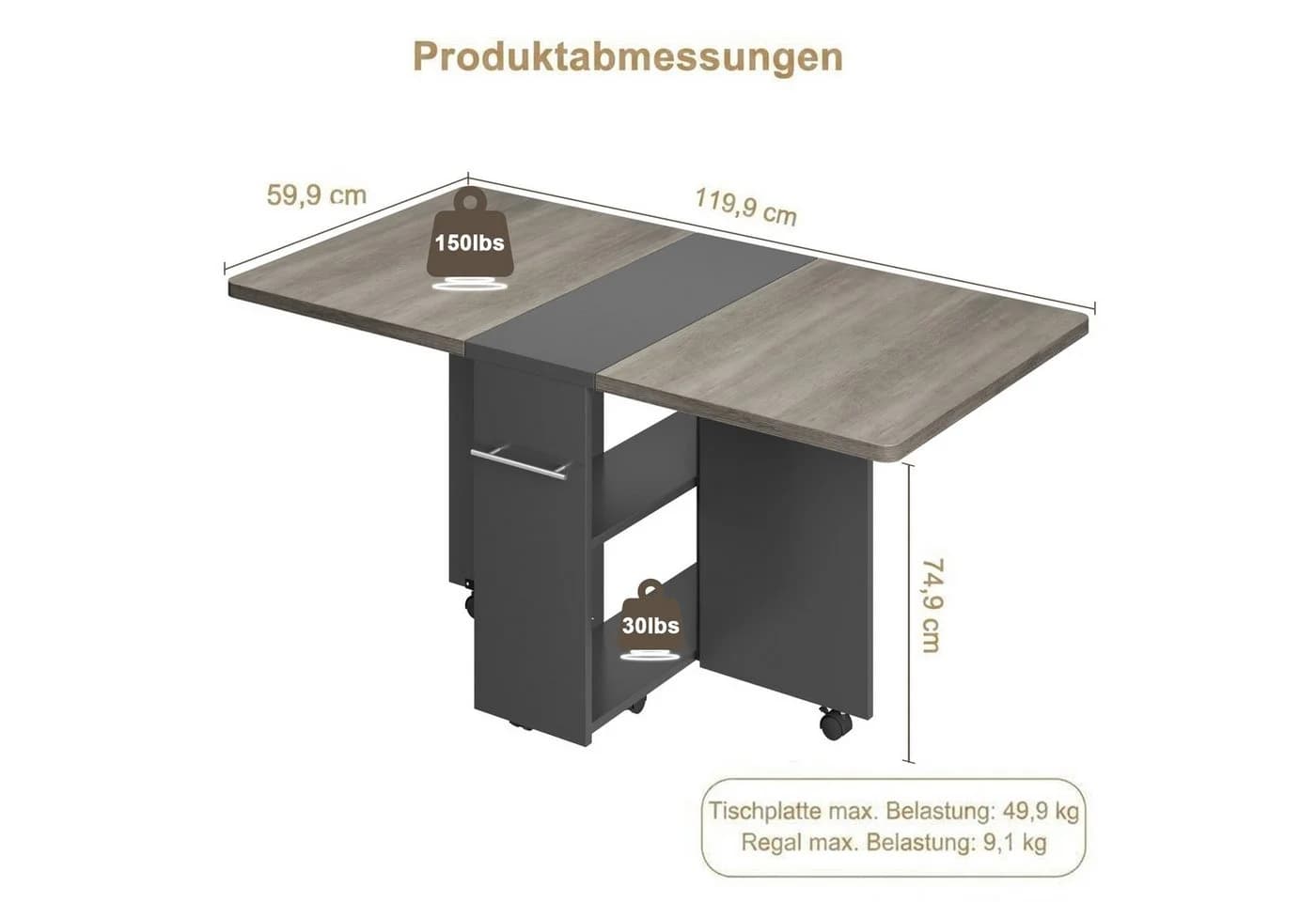 GarveeMore Klappbarer Esstisch Grau mit Ablageflächen für 4-6 Personen - Bild 4