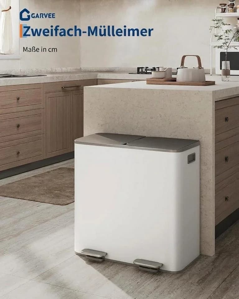 GarveeMore Mülleimer 2x40L Edelstahl Grau/Weiß Soft-Close Tretmülleimer