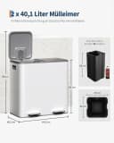GarveeMore Mülleimer 2x40L Edelstahl Grau/Weiß Soft-Close Tretmülleimer Bild 5