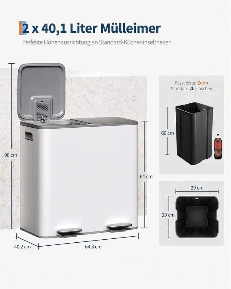 GarveeMore Mülleimer 2x40L Edelstahl Grau/Weiß Soft-Close Tretmülleimer - Bild 5
