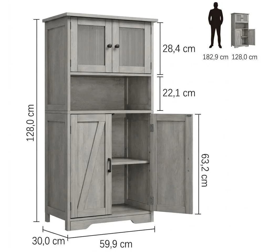 GarveeMore Hochschrank Grau mit 4 Türen und verstellbaren Böden