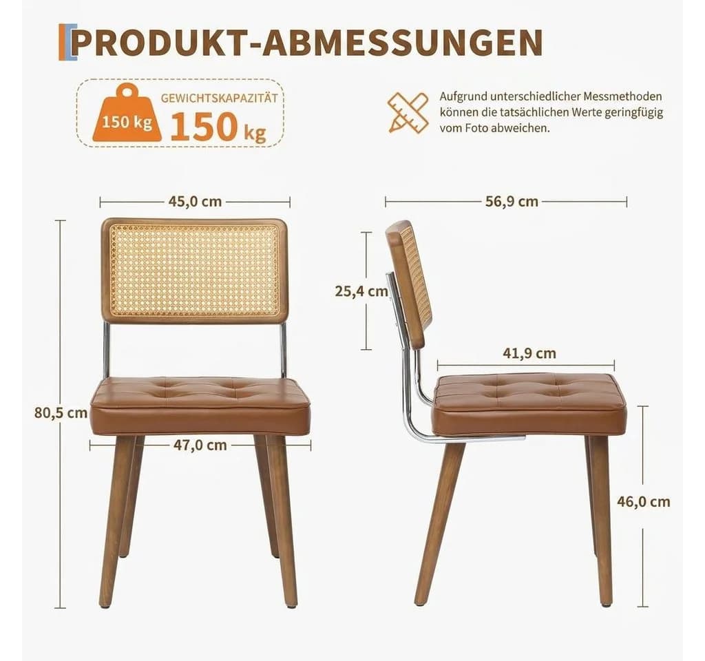 GarveeMore Esszimmerstuhl Rattan Samt Mid-Century 2er-Set Braun