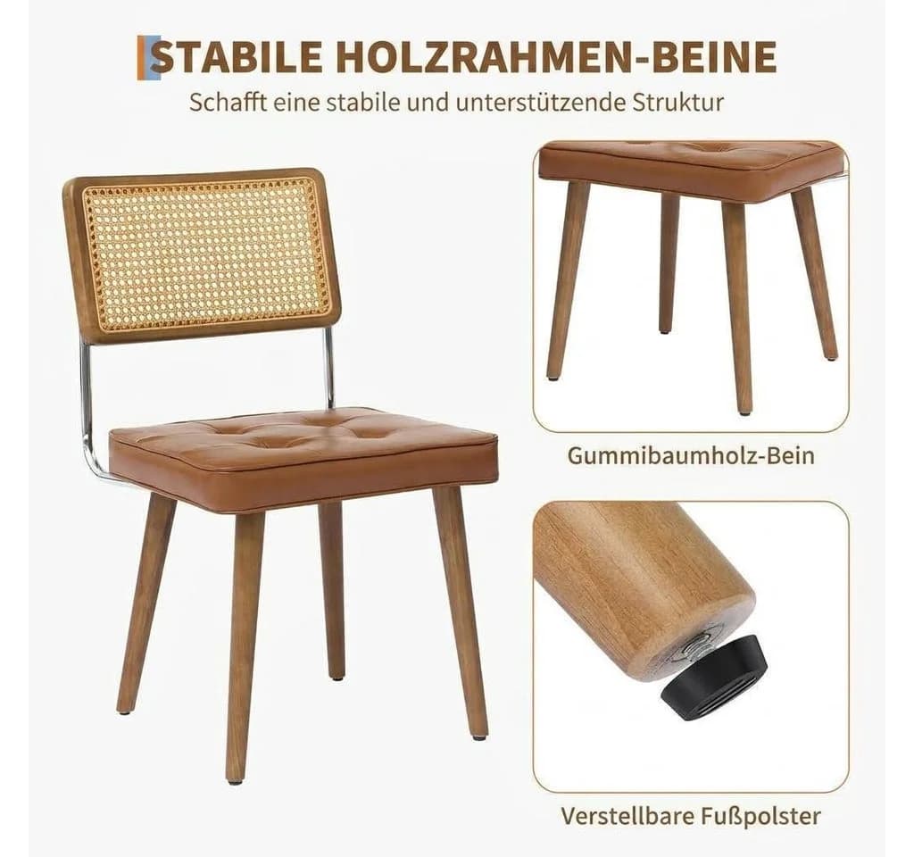 GarveeMore Esszimmerstuhl Rattan Samt Mid-Century 2er-Set Braun - Bild 3