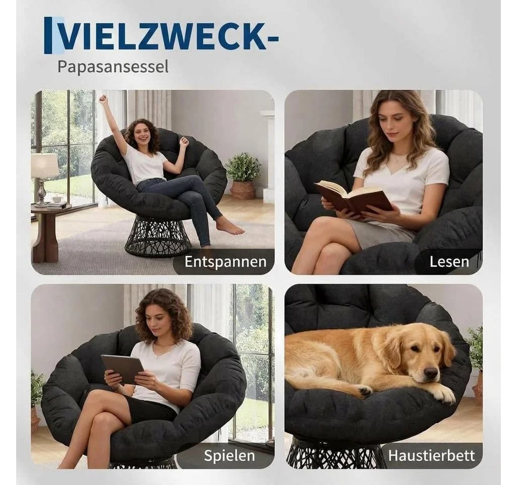 GarveeMore Relaxsessel Grau 360° Drehsessel Rattan-Optik - Bild 5