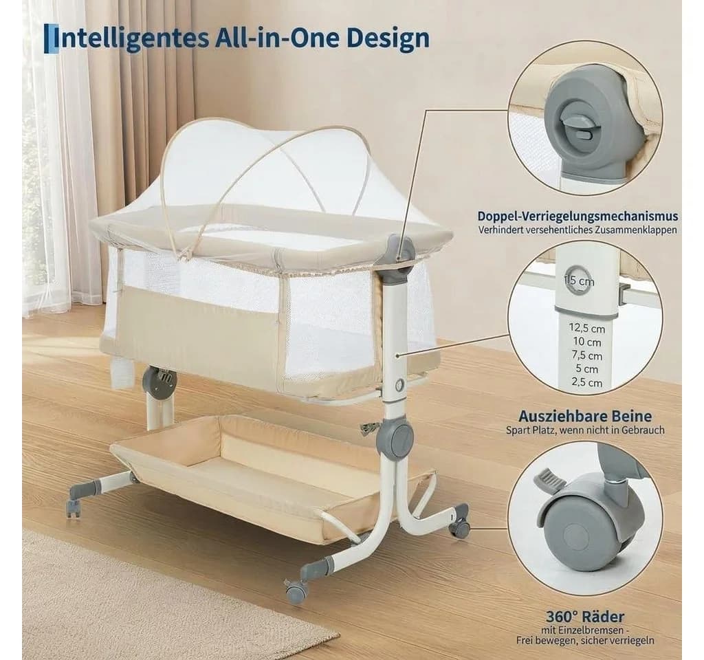 GarveeMore Babybett 3-in-1 Beige Höhenverstellbar Mit Netz - Bild 3