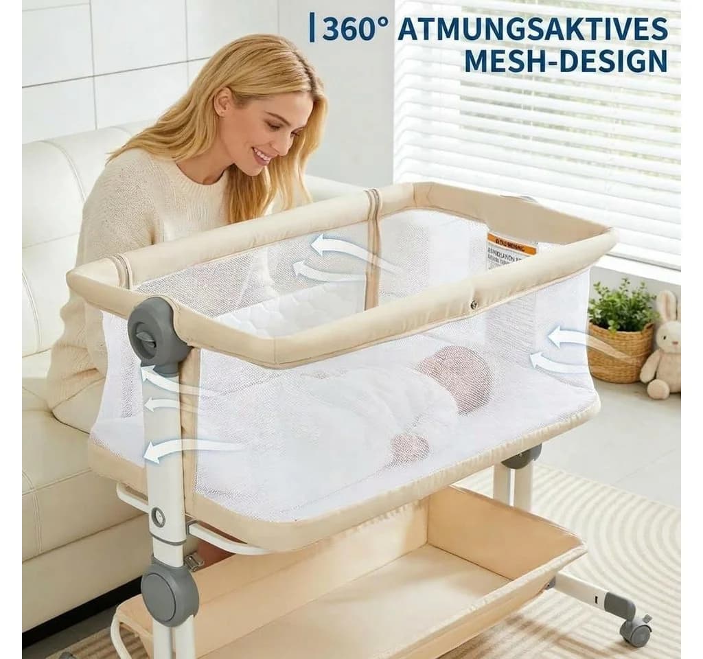 GarveeMore Babybett 3-in-1 Beige Höhenverstellbar Mit Netz - Bild 5