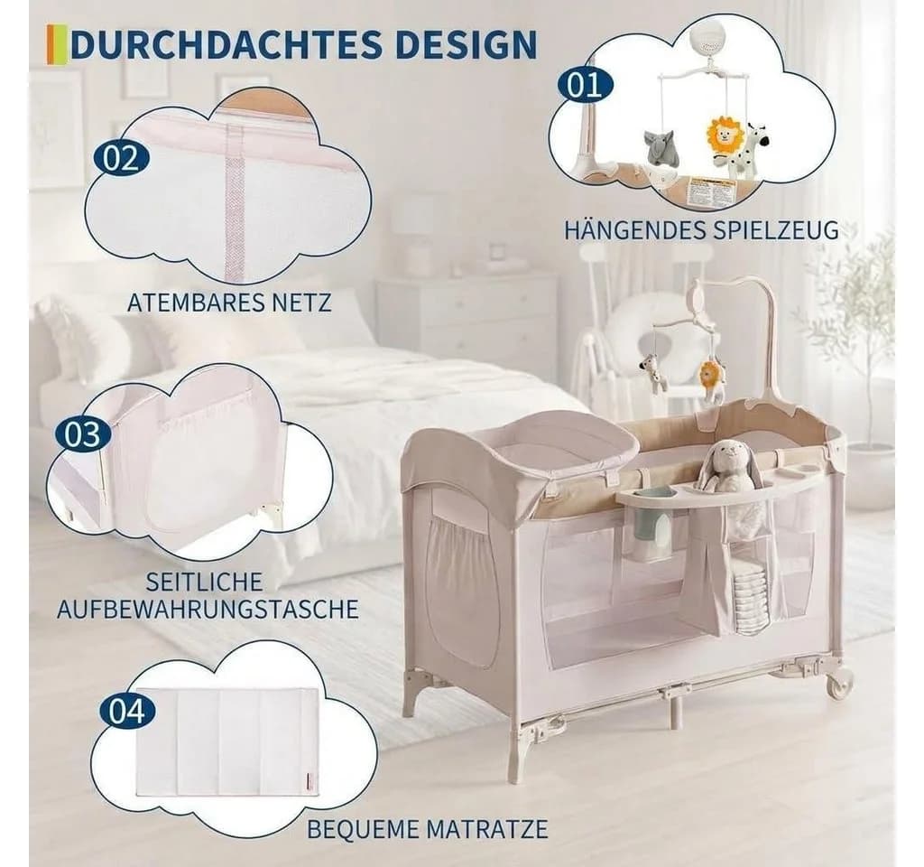 GarveeMore Baby-Reisebett 4-in-1 Beistellbett Klappbar Beige/Weiß - Bild 3