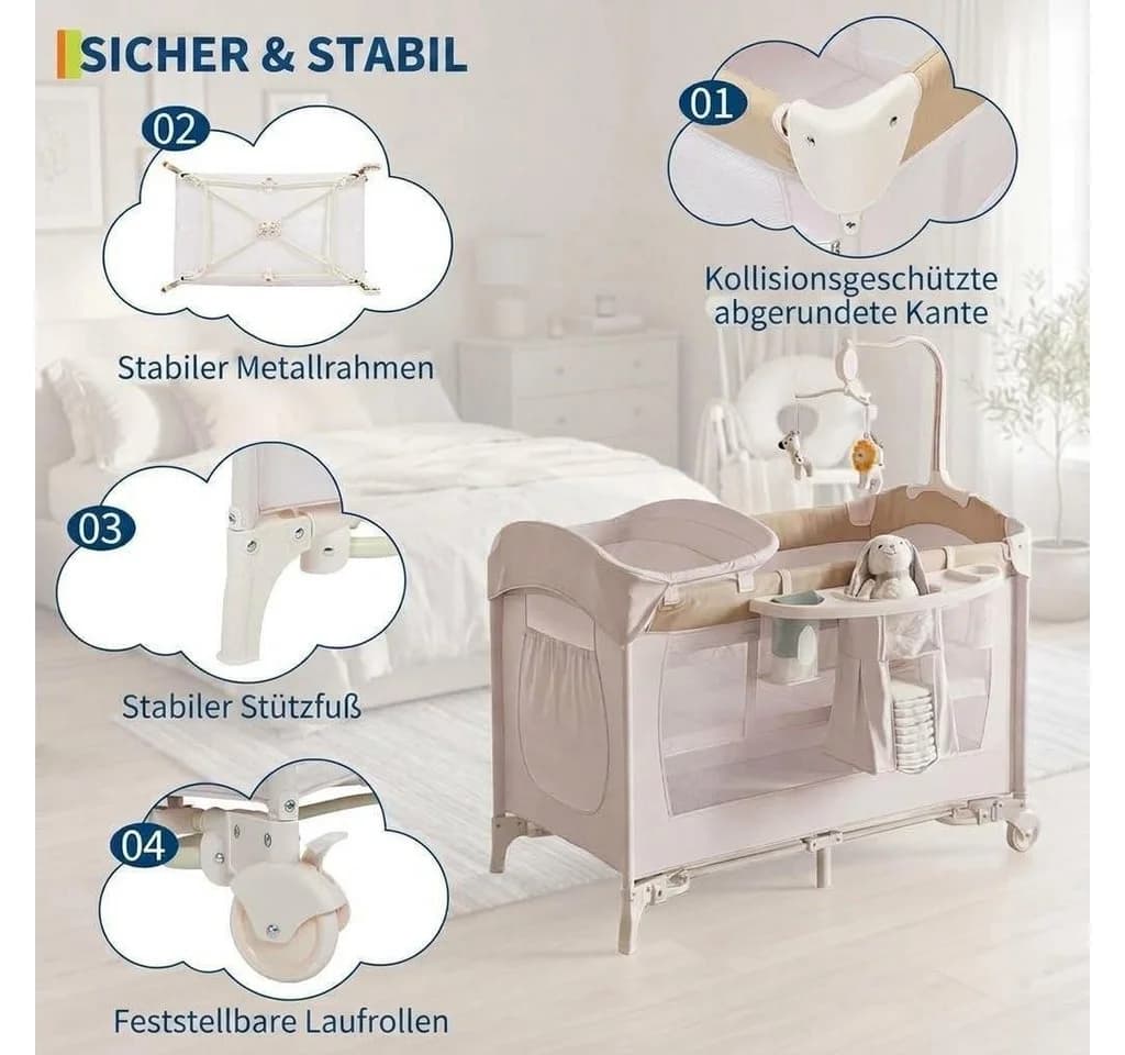 GarveeMore Baby-Reisebett 4-in-1 Beistellbett Klappbar Beige/Weiß - Bild 4