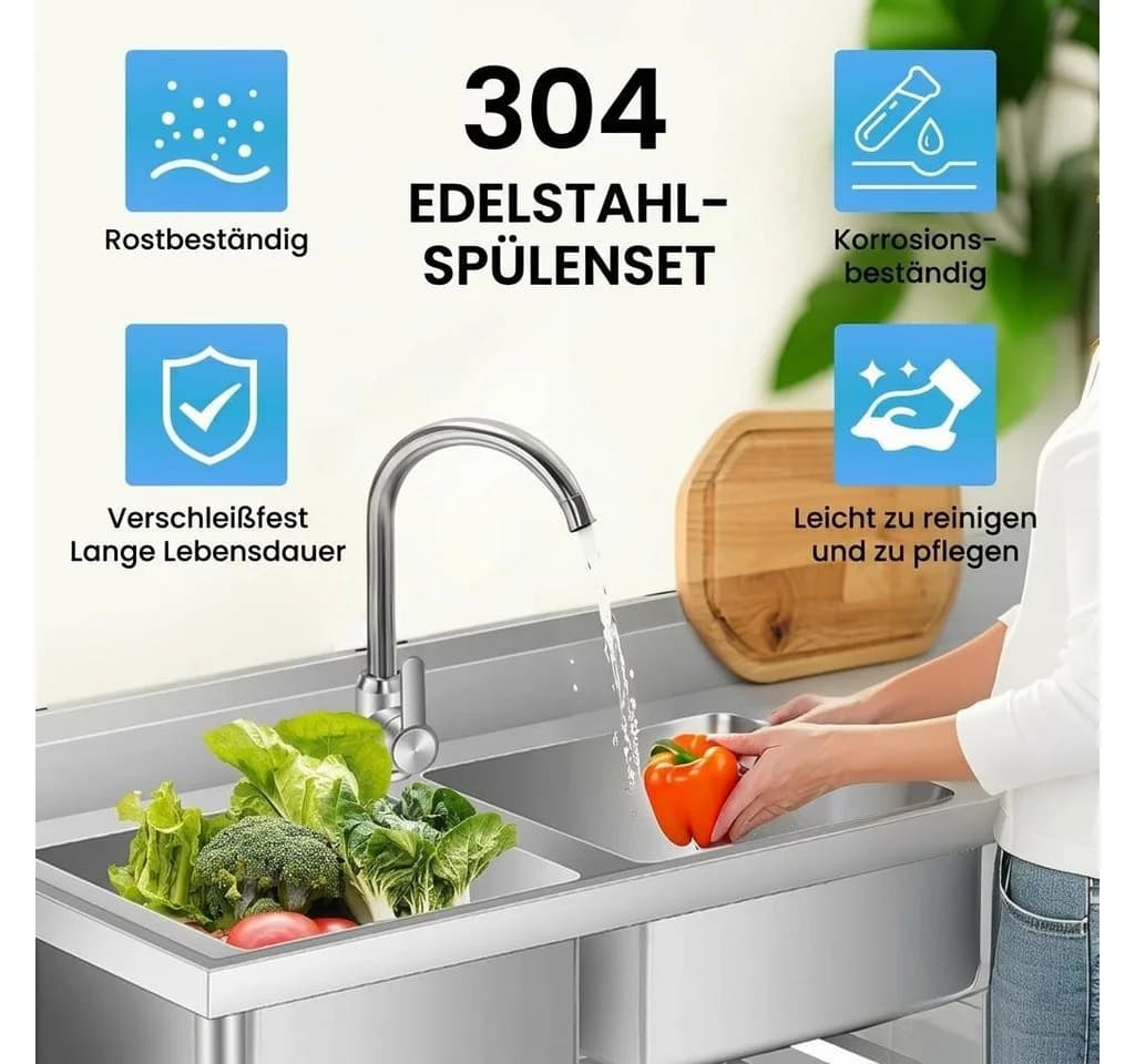GarveeMore Freistehende Küchenspüle 2 Becken Edelstahl mit Wasserhahn - Bild 4