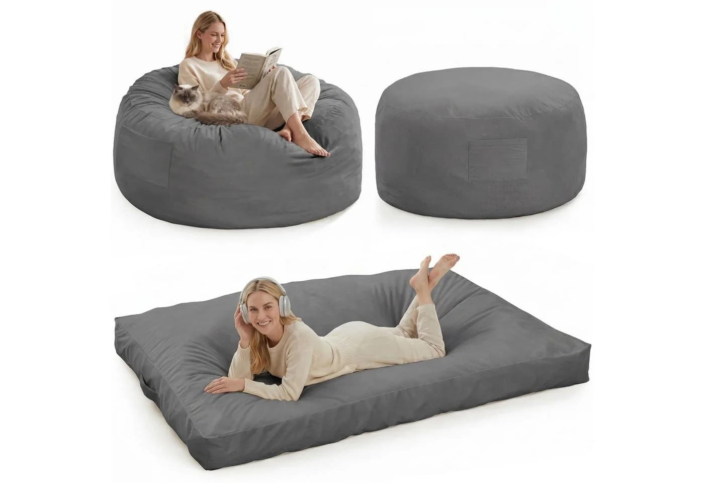 GarveeMore 3-in-1 Sitzsack Grau Memory-Schaumstoff umwandelbar - Bild 2