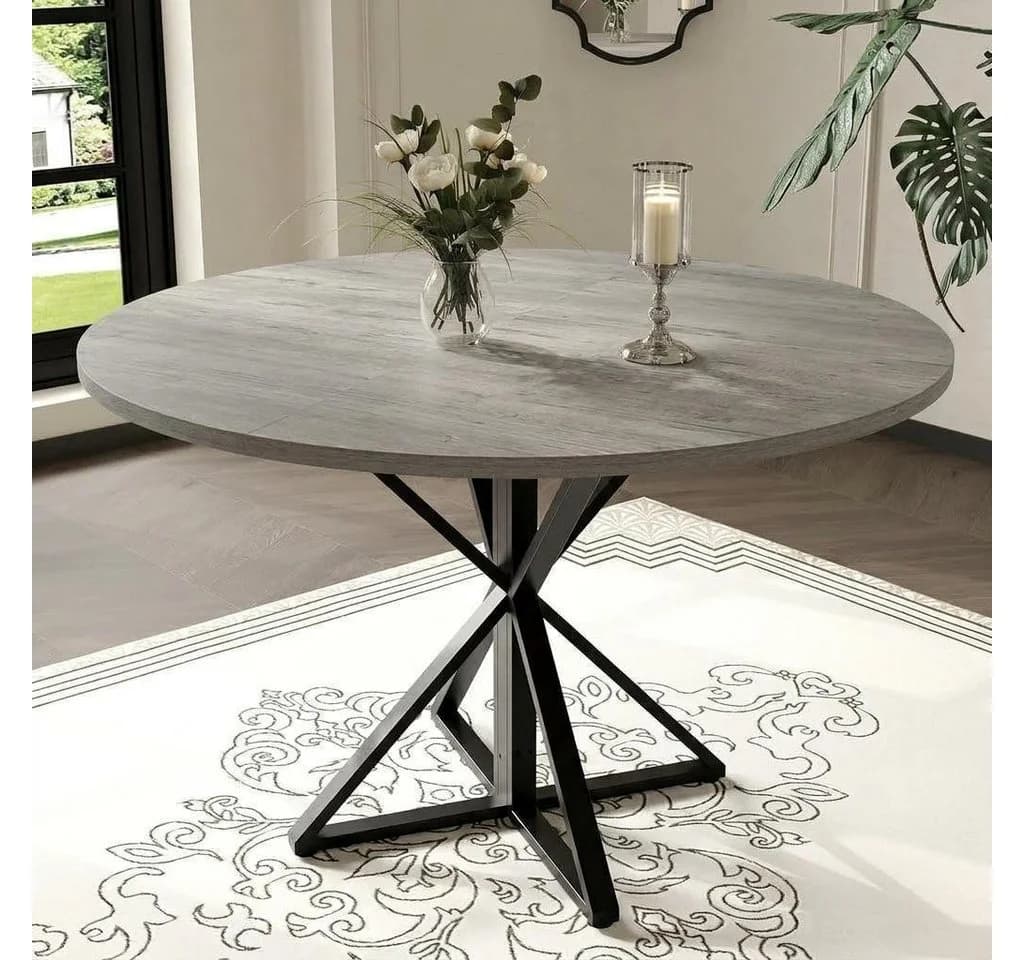 GarveeMore Runder Esstisch Grau Holz Metallsockel für 4 Personen - Bild 2
