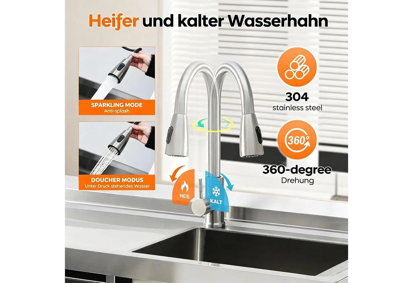GarveeMore Freistehende Küchenspüle Edelstahl 99x36x84cm mit Wasserhahn - Bild 3