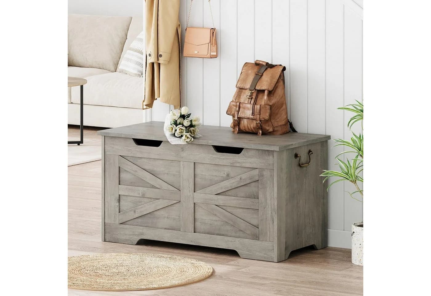 GarveeMore Sitzbank Aufbewahrungsbox Holz 100cm mit Sicherheits-Scharnier - Bild 3