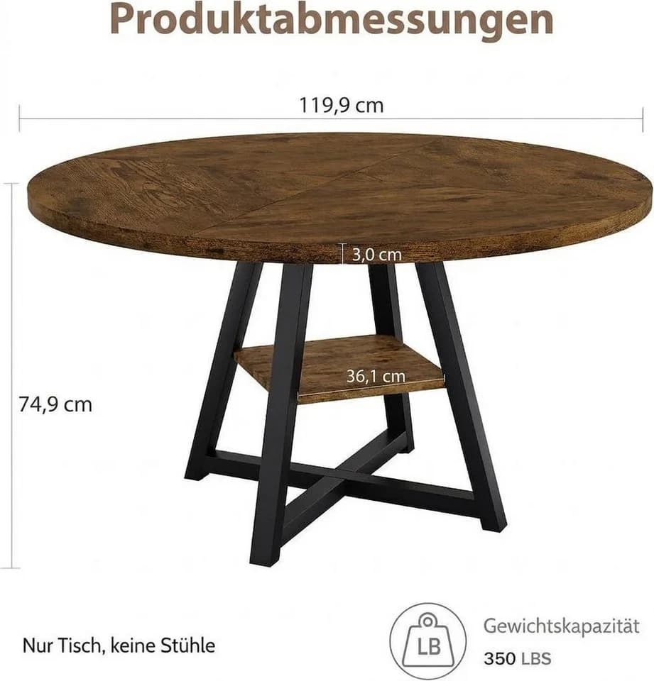 GarveeMore Runder Esstisch Industrial-Stil mit Ablagefach