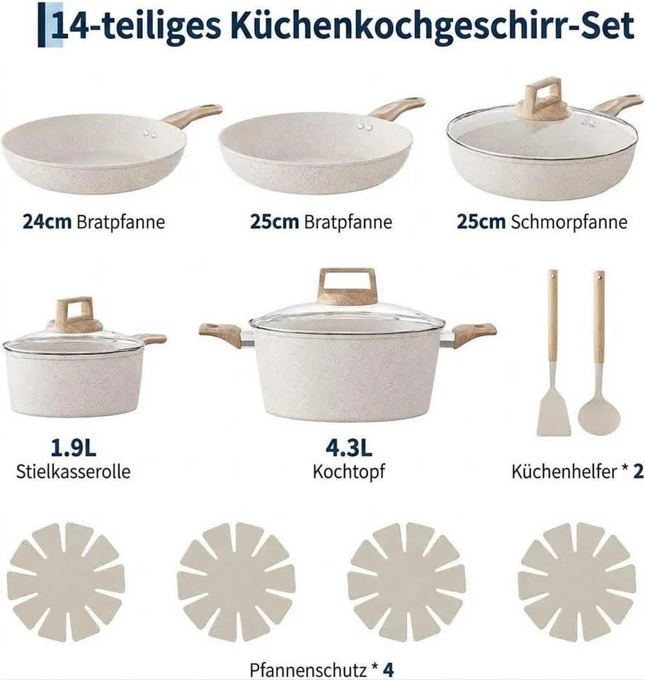 GarveeMore Topf-Set 14-tlg. Aluminium Keramik-Antihaft Weiß